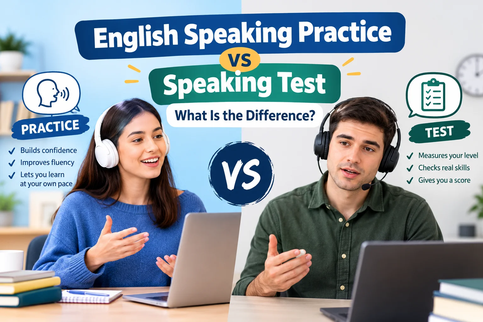 English speaking practice compared with a speaking test on a laptop screen