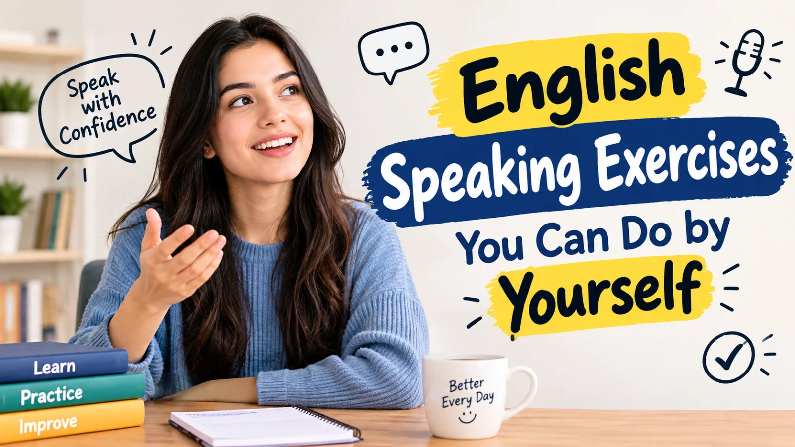 Learner doing English speaking exercises alone at home